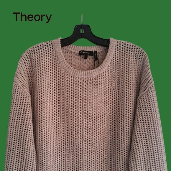 THEORY NEW Scandinavian OATMEAL MELANGE Allover Mesh Rib Trim Knit Sweater L - Picture 2 of 11